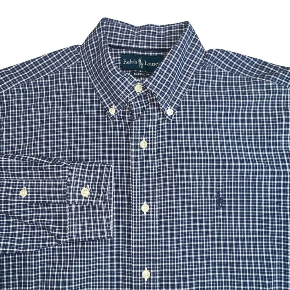 Ralph Lauren Mens Medium Blue Plaid Classic Fit Long Sleeve Button Down‎ Shirt